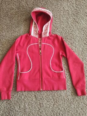 lululemon athletica Red Hooded Zip Jacket with Patterned Trim